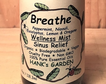 BREATHE Wellness Mist - Sinus Relief - Peppermint, Niaouli, Eucalyptus, Lemon, Oregano 100% Pure Essential Oils - Vegan Organic Cruelty Free