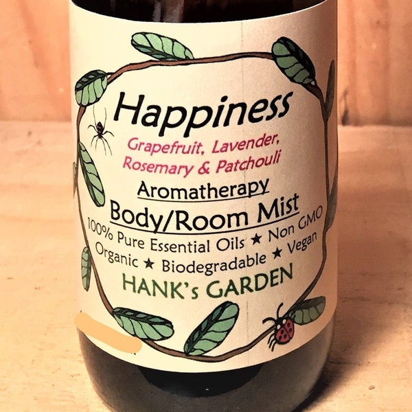 HAPPINESS Aromatherapy Body Room Mist - Grapefruit, Lavender, Rosemary, Patchouli 100% Pure Essential Oils - Organic, Vegan, Cruelty Free