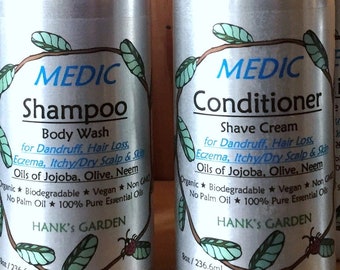 MEDIC Shampoo / Conditioner for Dandruff, Eczema, Itchy/Dry Scalp - Jojoba, Olive, Neem & Essential Oils - Organic - Vegan - No Palm Oil