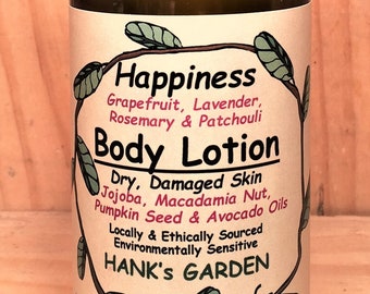 HAPPINESS Body Lotion - All Skin Types, Especially Dry, Damaged Skin - Lavender, Patchouli, Rosemary, Grapefruit-Organic, Vegan, No Palm Oil