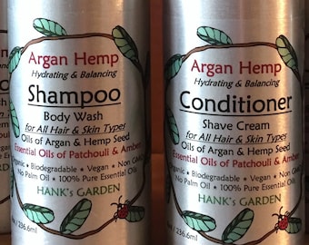 ARGAN HEMP Moisturizing Shampoo and/or Conditioner-All Hair Types - Argan & Hemp Seed Oil - Amber, Frankincense, Patchouli - Organic, Vegan