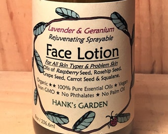 LAVENDER & GERANIUM - Face Lotion Spray Moisturizer - All Skin Types, Problem Skin - Rosehip Seed, Carrot Seed Oils - Organic Vegan Non GMO