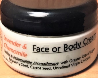 Lavender and Chamomile Face & Body Cream - Coconut, Raspberry Seed, Carrot Seed Oils, Shea Butter - Organic, Vegan, Non GMO, Biodegradable