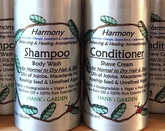 HARMONY Shampoo or Conditioner - Normal to Dry Hair - Jojoba, Argan, Rosehip Seed Oils- Lavender, Spearmint, Orange, Cedarwood-Organic Vegan