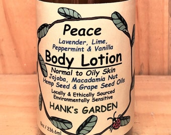PEACE - Body Lotion - Normal to Oily Skin - Lavender, Lime, Peppermint, Vanilla - Jojoba, Macadamia Nut, Hemp Seed, Grape Seed Oils- Organic