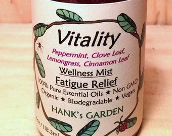 VITALITY Wellness Mist - FATIGUE RELIEF - Aromatherapy Body Room Spray - Peppermint, Clove Leaf, Lemongrass & Cinnamon Leaf - Organic, Vegan