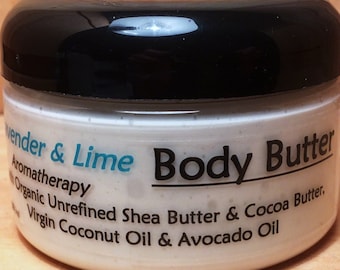 LAVENDER & LIME Body Butter Lotion - coconut oil, shea butter, avocado oil, jojoba oil - Paraben Free, Biodegradable, Non GMO, Organic