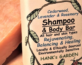 SHAMPOO & BODY Bar - Rejuvenating, Balancing, Healing - Cedarwood, Lavender and Rosemary Essential Oils - Organic, Vegan, Biodegradable