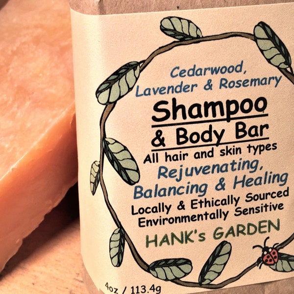 SHAMPOO & BODY Bar - Rejuvenating, Balancing, Healing - Cedarwood, Lavender and Rosemary Essential Oils - Organic, Vegan, Biodegradable