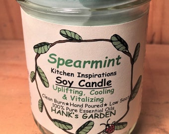 SPEARMINT -  Soy Candle  -  Kitchen Inspirations - Uplifting, Cooling & Vitalizing - 100% Pure Essential Oil, Clean Burn, Natural Wicks