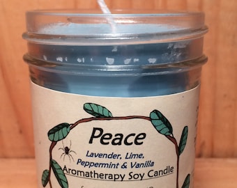 PEACE Aromatherapy Soy Candle - 100% Pure Essential Oil of Lavender, Lime Vanilla & Peppermint - Clean Burn, Earth Friendly, Cotton Wicks