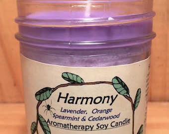 HARMONY Aromatherapy Soy Candle - 100% Pure Essential Oil of Lavender, Orange, Spearmint, Cedarwood-Clean Burn, Earth Friendly, Cotton Wicks