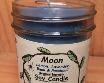 MOON Aromatherapy Soy Candle - Essential Oils of Lavender, Lemon, Basil & Patchouli - Clean Burn, Natural Dyes, Cotton Wicks, Biodegradable