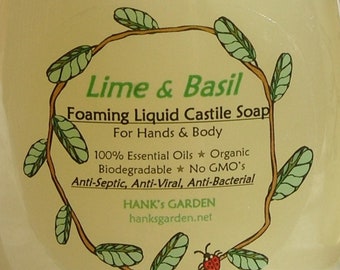 LIME & BASIL - Organic Vegan Biodegradable Liquid Castile Soap with Foaming Pump (Naturally Anti-Fungal and Anti-Bacterial)