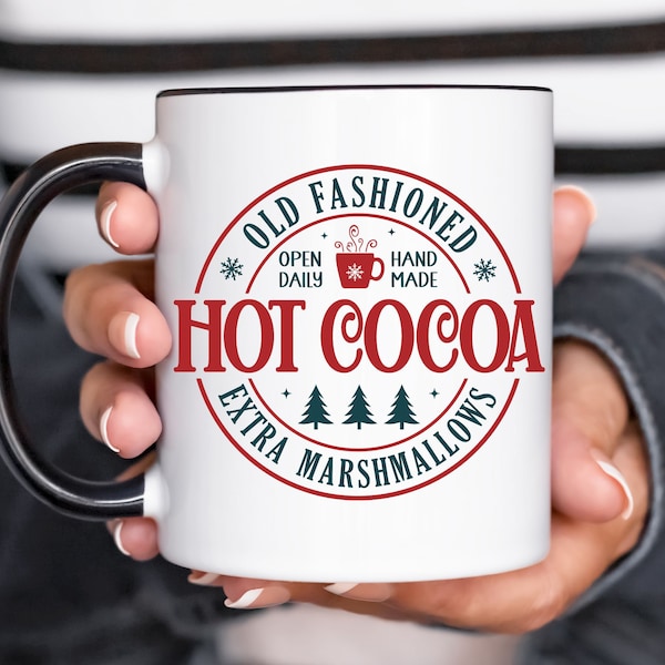 Old Fashioned Hot Cocoa Mug, 11oz Accent Mug, Coloured Handle Mug, Christmas Mug, Hot Chocolate Christmas Mug, Christmas Coffee Mug