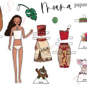 May include: Moana paper doll printable with a brown wooden paddle, a white top, a brown and white skirt, a red and white top, a brown and red skirt, a flower crown, a pig, and a brown and white character.