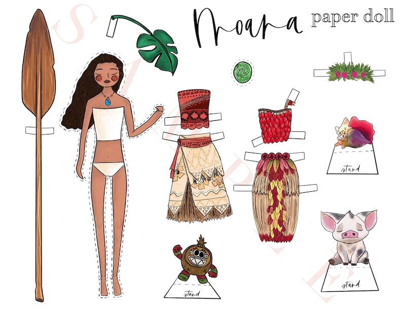 May include: Moana paper doll printable with a brown wooden paddle, a white top, a brown and white skirt, a red and white top, a brown and red skirt, a flower crown, a pig, and a brown and white character.