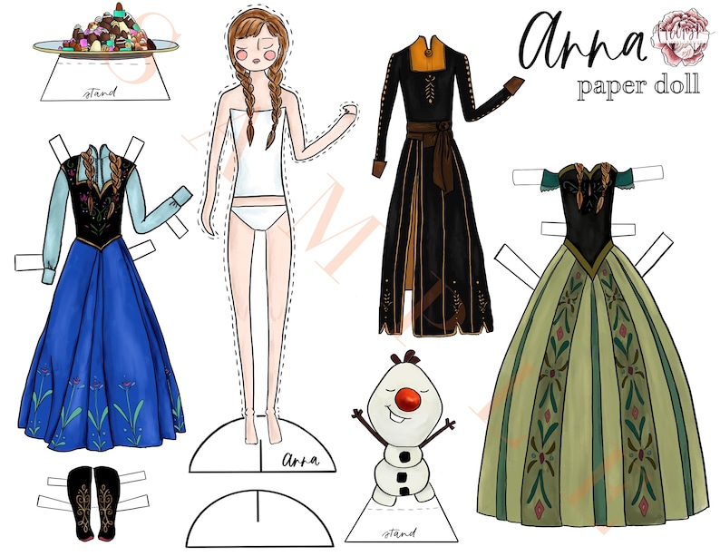 May include: A paper doll set featuring Anna from the movie Frozen. The set includes a doll, two outfits, a stand, and a small Olaf figure. The doll has long blonde hair and is wearing a white dress. The outfits are a blue dress with floral details and a green dress with floral details. The stand is a white circle with the word "Anna" written on it. The Olaf figure is white with a carrot nose and black eyes.
