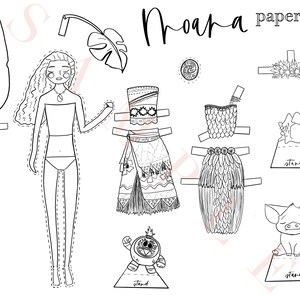 May include: A black and white printable paper doll of Moana from the Disney movie Moana. The doll has a variety of outfits and accessories to choose from, including a traditional Polynesian dress, a flower crown, and a pig.