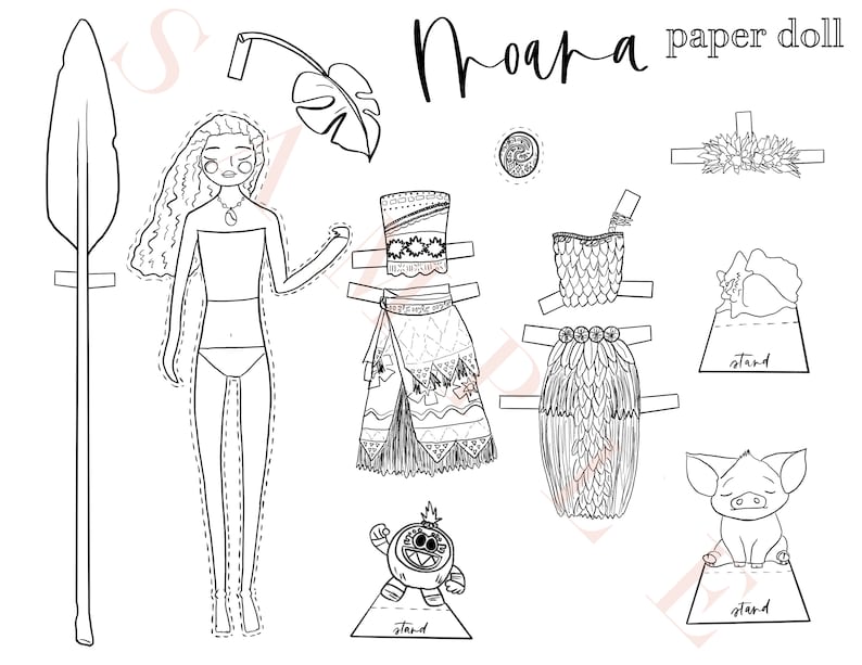 May include: A black and white printable paper doll of Moana from the Disney movie Moana. The doll has a variety of outfits and accessories to choose from, including a traditional Polynesian dress, a flower crown, and a pig.