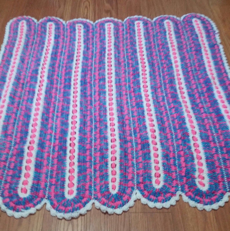 Handmade Crocheted Variegated Pink Purple Blue /& White Baby Girl Afghan 40 x 45