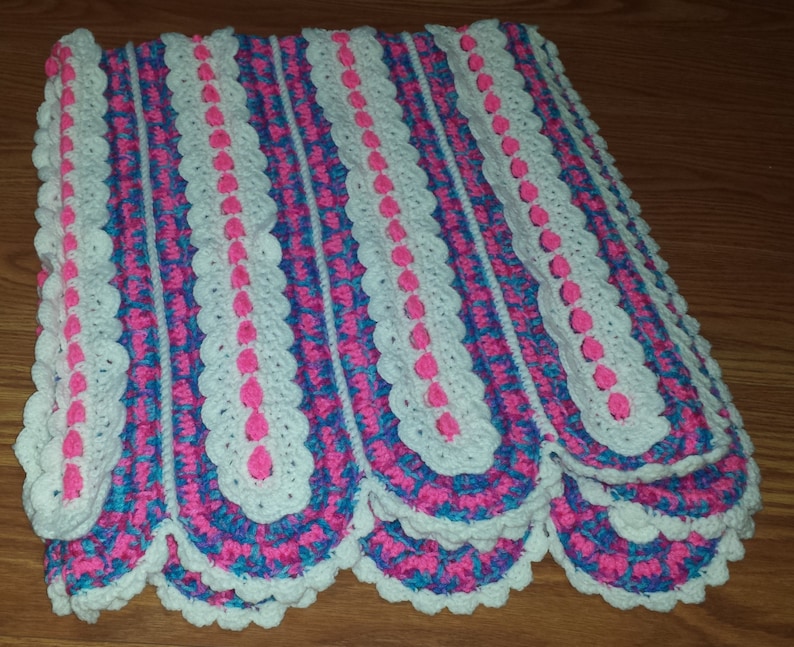 Handmade Crocheted Variegated Pink Purple Blue /& White Baby Girl Afghan 40 x 45