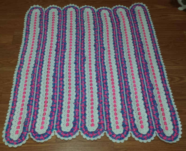 Handmade Crocheted Variegated Pink Purple Blue /& White Baby Girl Afghan 40 x 45