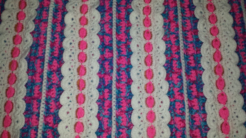 Handmade Crocheted Variegated Pink Purple Blue /& White Baby Girl Afghan 40 x 45