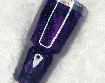 Purple and black alcohol ink design with glitter sparkle epoxy on 30 oz tumbler cup