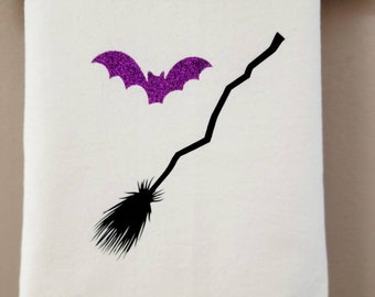 Halloween broomstick and bat purple/black sparkle holiday/spooky/kitchen/tea towel