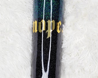 Green and black glitter sparkle tumbler cup with gold "nope." sealed with epoxy 20 oz