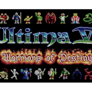 Puede incluir: Una tarjeta de título de videojuego retro para Ultima VII: Warriors of Destiny. El título está en una fuente azul y verde con un fondo naranja fuego. El juego presenta una variedad de personajes y criaturas, incluyendo un caballero, un mago, un dragón y una serpiente.