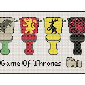 May include: Four toilet-shaped figures with the sigils of the major houses from the TV show Game of Thrones. The sigils are a direwolf, a lion, a stag, and a dragon. The text "Game of Thrones" is below the figures. A toilet paper roll is to the right of the text.