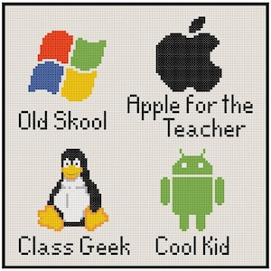 Pode incluir: Um desenho de ponto cruz com quatro sistemas operativos de computador populares. O canto superior esquerdo mostra o logotipo do Windows com o texto "Old Skool". O canto superior direito mostra o logotipo da Apple com o texto "Apple For the Teacher". O canto inferior esquerdo mostra o pinguim Linux com o texto "Class Geek". O canto inferior direito mostra o robô Android com o texto "Cool Kid".