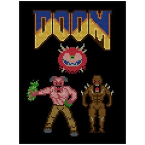 May include: A pixelated image of the word "DOOM" in blue and yellow letters. Below the word is a red monster with a single eye and sharp teeth. Two pixelated figures, one red and one brown, are standing below the monster.