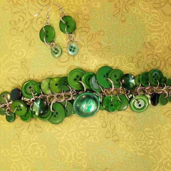 Green Button Bracelet and Earrings
