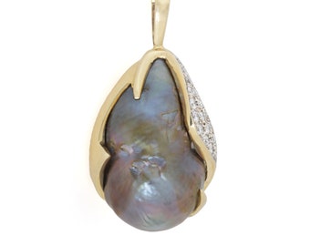 GIA certified Cultured freshwater pearl pendant. 14kt gold, diamonds, Large baroque natural purple-brown cultured pearl. Pre-owned.