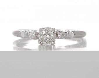 0.36ct vintage diamond engagement ring. K i1 Natural round old European cut diamond, platinum engagement ring. Art Deco 1930s. Estate.