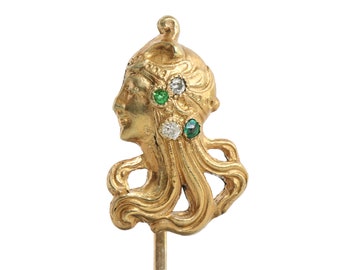 Antique vintage Art Nouveau Egyptian Revival diamonds Cleopatra stick pin/lapel/tie pin. 18kt, 14kt yellow gold. Circa 1920 or before.