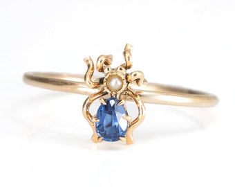 Pearl, natural Sapphire insect ring/spider/bug. 14kt yellow gold. UPCYCLED Conversion from antique vintage stick pin. Sapphire heat treated?