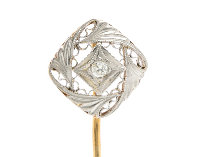 Antique Diamond Stick Pin. Old European Cut Diamond, Platinum, 14kt