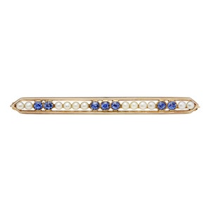 Antique Art Nouveau pearls, natural Montana sapphires bar pin/brooch. 2.5&quot;, 14kt yellow gold, white enamel. Circa 1910.