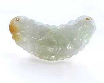 Vintage GIA certified all natural untreated type A carved Jadeite Jade dragon, 14kt gold pendant. Fei Cui, green, honey. Mid-century Estate.