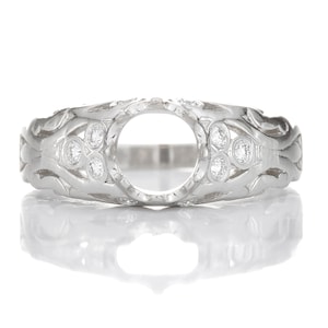 NEW REPLICA Antique Vintage Art Nouveau engagement ring setting semi mount. Platinum, diamonds, filigree. Fits 5.8mm round. Price Reduced.