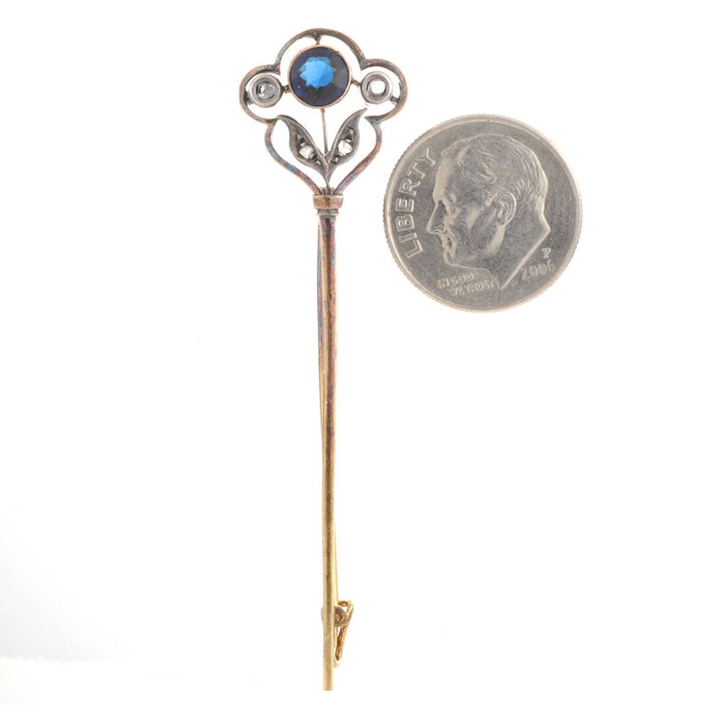 Pin Brooch Antique Georgian diamonds 14 kt gold 1800/'s Tie pin Blue glass to simulate sapphire silver rose cut diamonds