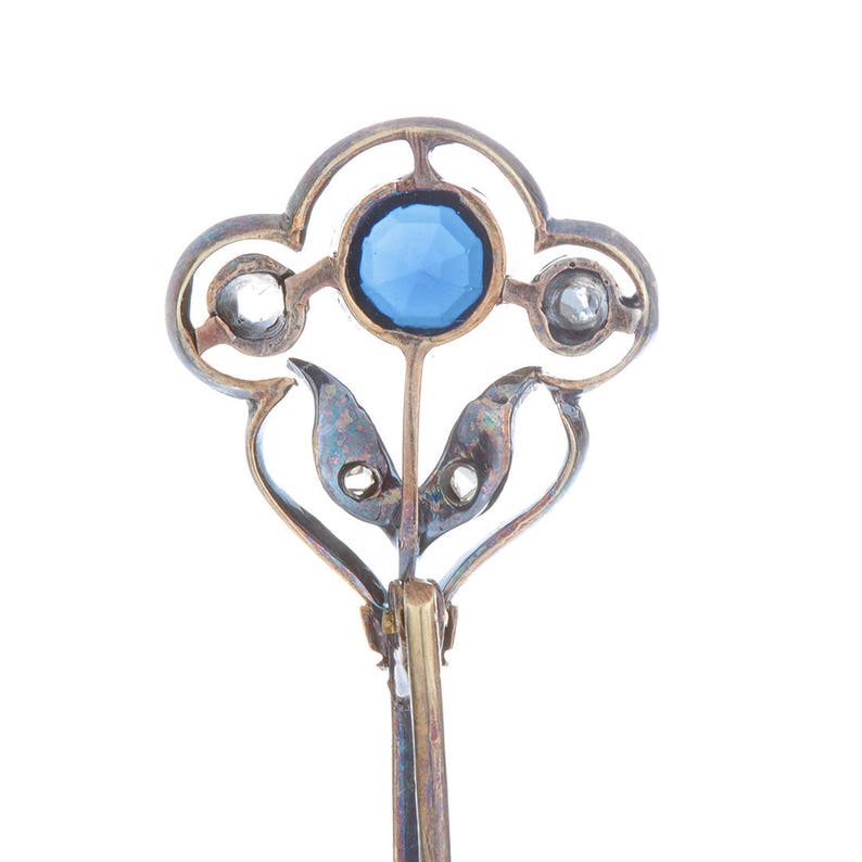 Pin Brooch Antique Georgian diamonds 14 kt gold 1800/'s Tie pin Blue glass to simulate sapphire silver rose cut diamonds