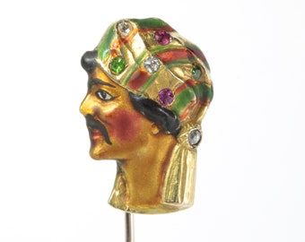Antique vintage Arab Sheik stick pin/stickpin/lapel pin/tie pin. 14kt gold, diamond, ruby, demantoid garnet, enamel. Art Nouveau c1900.
