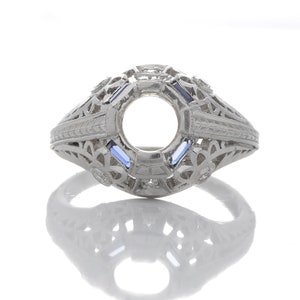 NEW REPLICA Antique Vintage Art deco engagement ring setting. Platinum, sapphires, diamonds, filigree. Fits 6.5mm round. Semi mount. OOAK.