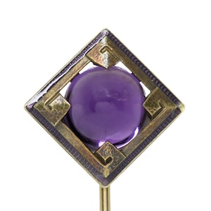 Antique vintage Amethyst stick pin/stickpin/lapel/tie pin. 14kt gold, enamel. Edwardian Greek Revival. Whiteside & Blank. c1900.