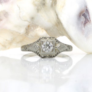 0.20ct vintage diamond engagement ring. J Si1 Natural round old European cut diamond, 14kt white gold, Filigree. Art Deco 1930s. Estate. image 10